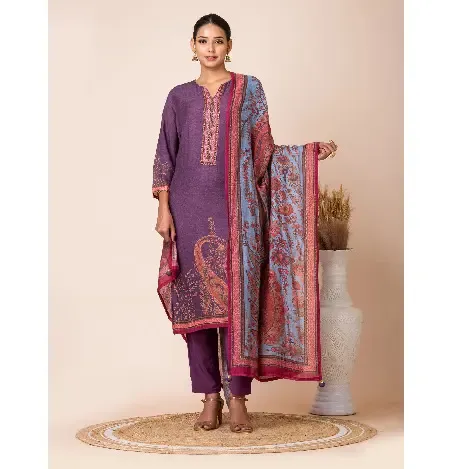 Purple and Blue Paisley Kurta Set with Handwork by Sarso